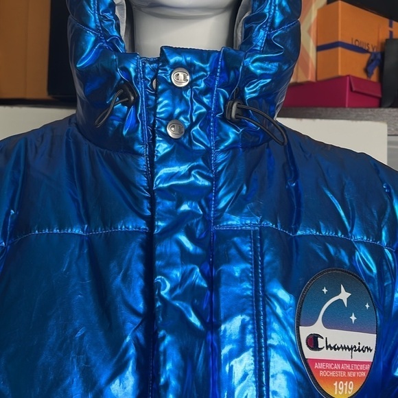 Champion Sz L NASA USA Metallic Blue Hooded Puffer Jacket Limited Edition - Picture 7 of 15
